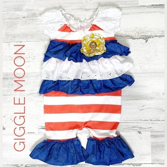 Giggle Moon Romper White Eyelet‎ Blue Orange Stripe Mustard Made in US 12 months - Picture 1 of 5